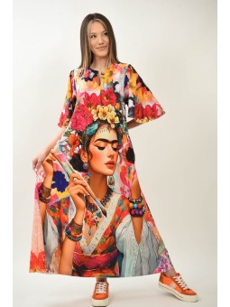 Rochie Artistica Lungă Frida Florale cu Mânecă Clopot și Buzunare