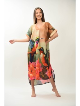 Rochie tropicala de plajă semitransparenta - pasari paradis si flori Maldive