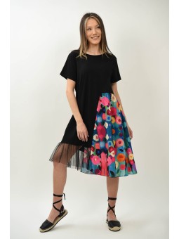 Rochie Midi Asimetrică Combinată Cu Tul Măneca Scurtă Splendido