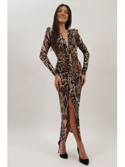 Rochie Lungă de Ocazie Manecă Lunga Pernite La Umăr Leopard Print Sincronia