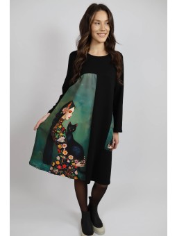 Rochie midi cu mânecă lungă și buzunar aplicat CAT MELEK - Pisica Neagră și flori