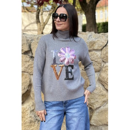 Pulover gri cu paiete LOVE tricot fin, stil urban pentru femei moderne
