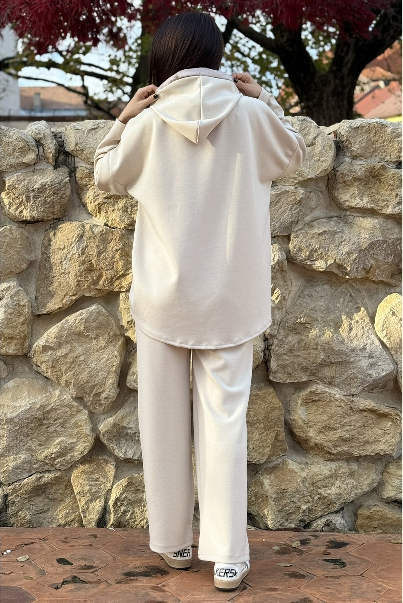 Eleganță relaxată Compleu Cu Gluga Si Buzunar Frontal Bej pentru L-XL